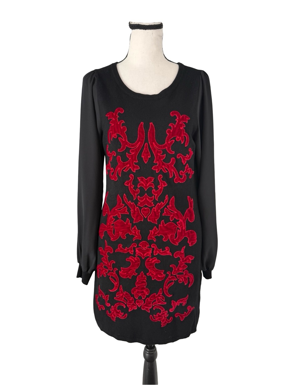 INC International Concepts Black Sweater Dress Red Velvet Scroll Print Medium